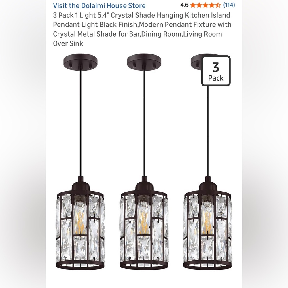 Set of 3 Crystal Cage Pendant Lights - Black Finish